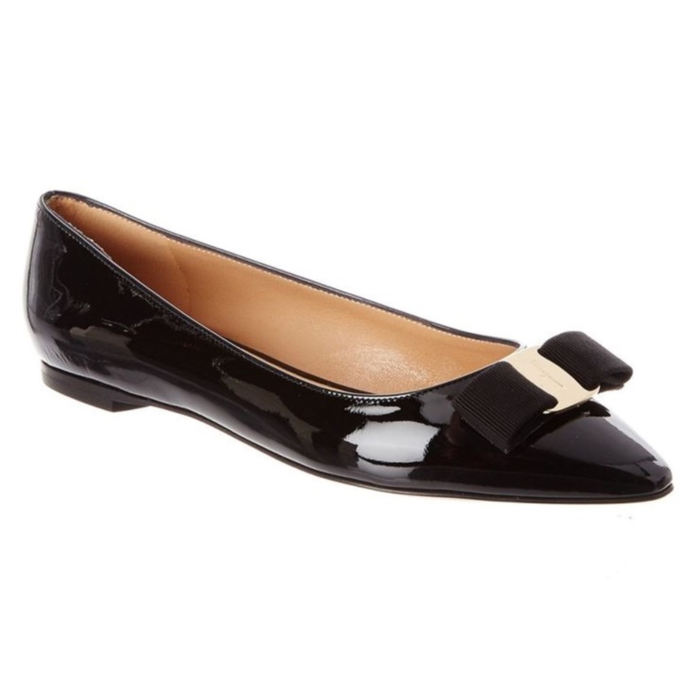 Salvatore Ferragamo Black Patent Leather Flats with Bow Accent
